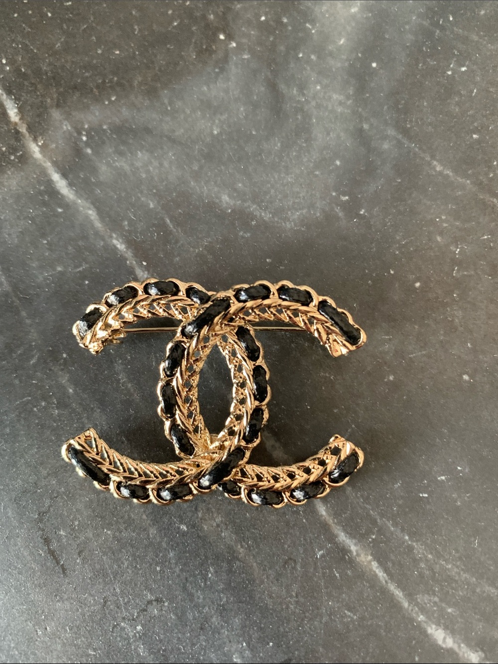 NEW! Gold & Black Interlaced Double-C Logo Brooch - Designer Style